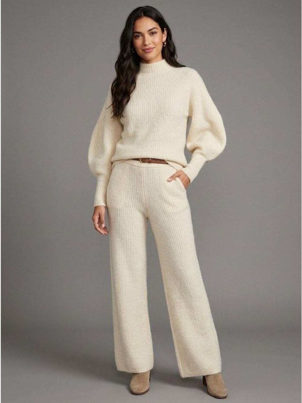 H&M Cream Mohair Wool Blend Ribbed Mock Neck Long Sleeve Fuzzy Sweater L/XL